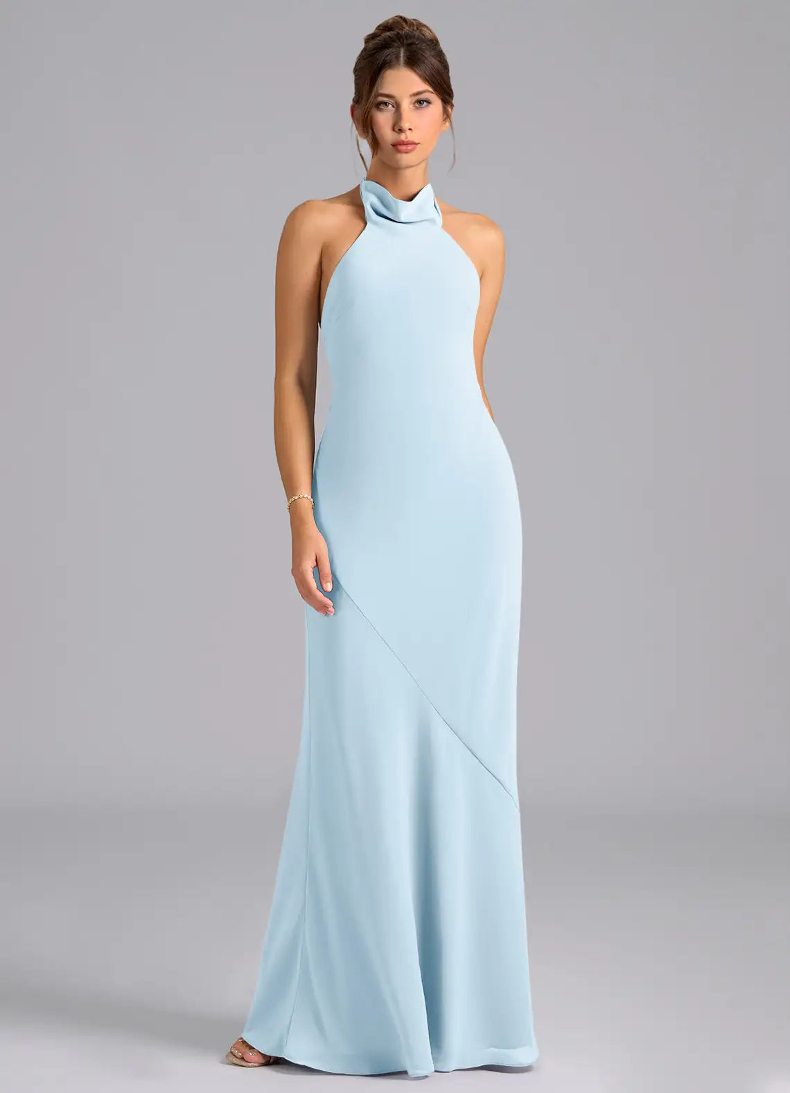 Vestido Céu Azul de Chiffon de sereia com Pescoço alto